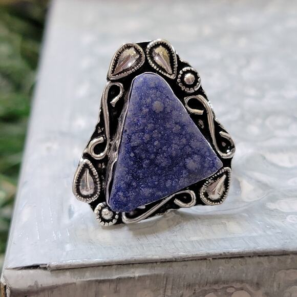 Blue Druzy Quartz Statement rings, Sterling Silver Ring, Size 7.25 - Picture 1 of 9